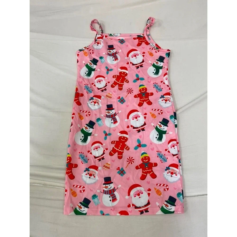 Girls Pink Christmas Santa Snowman Gingerbread Nightgown Sleep Dress Size 10Y
